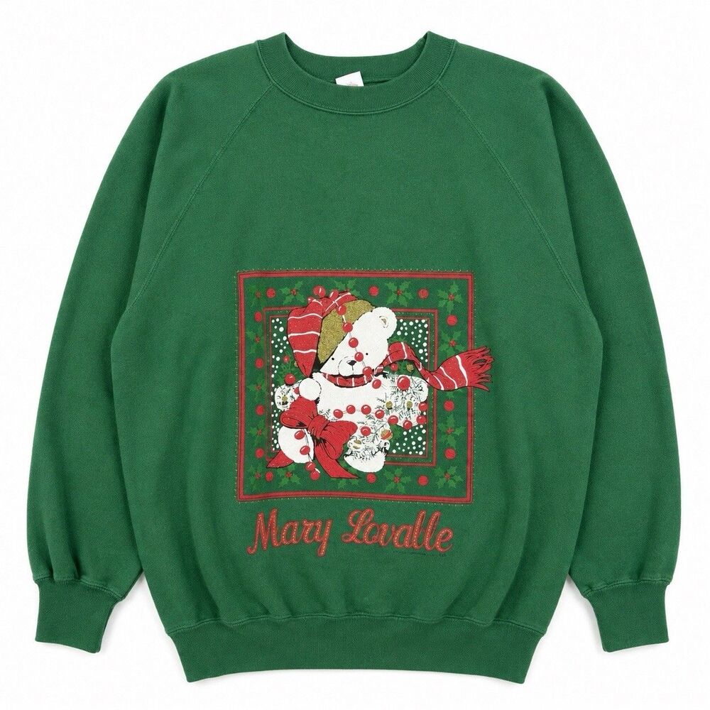VTG 80s Mary Lavalle Christmas Sweatshirt XL Green Teddy Bear USA Made Holiday